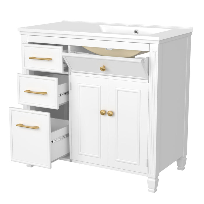 Modern Bathroom Vanity With Ceramic Sink, Freestanding, One Tip Out Drawer, 3 Side Drawers, Adjustable Shelf