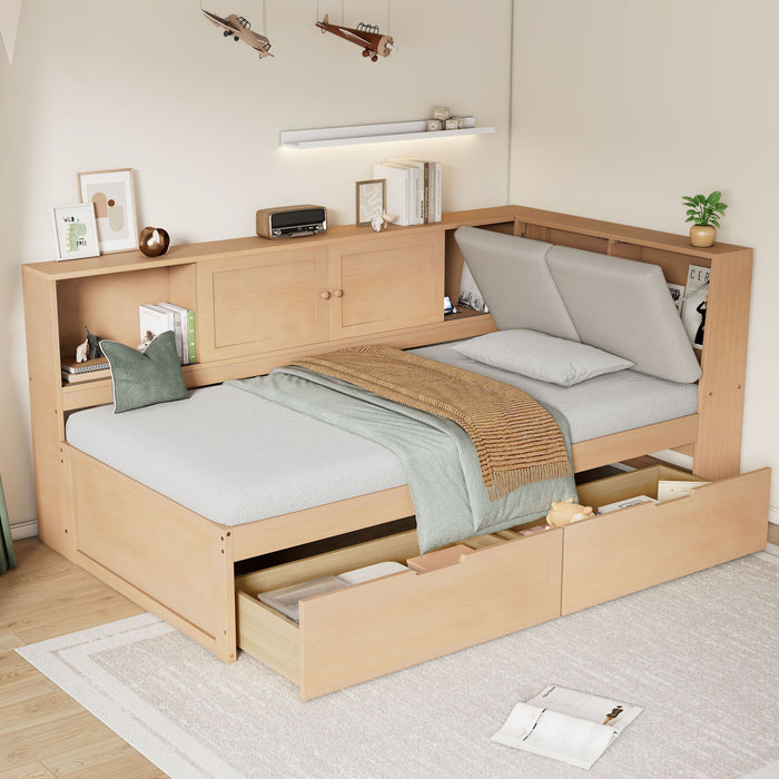Twin L - Shaped Daybed With Storage Bookcase, Upholstered Headboard, USB Charging Ports & Hidden Drawers - Natural