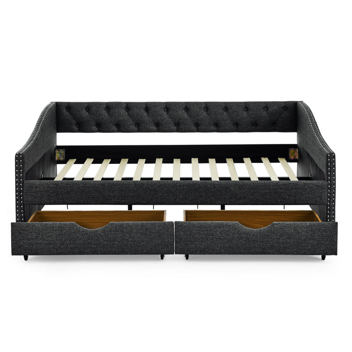 Upholstered Tufted Daybed With Drawers, Waved Arms