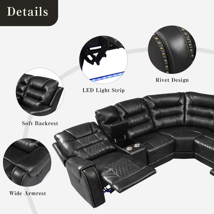 Manual Reclining Sectional Sofa Set, L Shaped Symmetrical Motion Sofa Corner Couch Sets With Storage Boxes, 4 Cup Holders And LED Light Strip For Living Room
