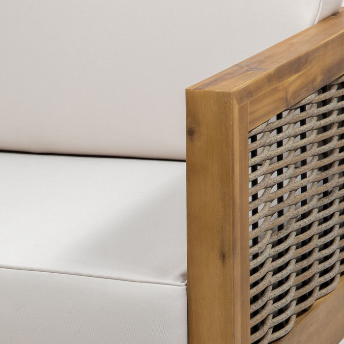 Outdoor 4 Seater Acacia Wood Chat Set With Wicker Accents And Cushions - Teak / Mixed Brown / Beige