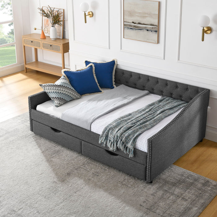 Upholstered Tufted Daybed With Drawers, Waved Arms