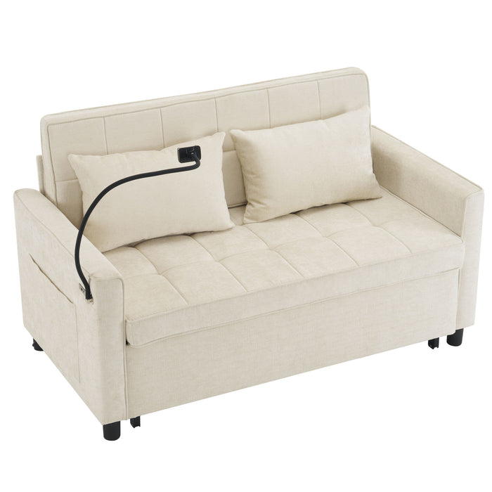 Pull-Out Sleeper Sofa With Reversible Backrest Cushion, Side Pockets, 2 USB Ports And A Phone Holder For Living Room