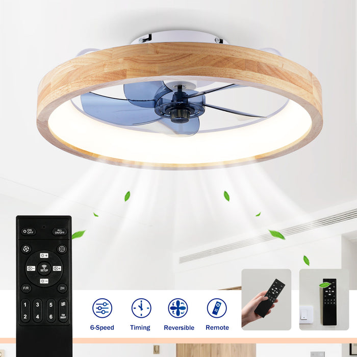 Ceiling Fans With Lights And Remote, 3000 - 6500K Dimmable Flush Mount LED Fan Light, 6 Speeds, Quiet DC Motor For Living Room - Matte White / Natural Wood