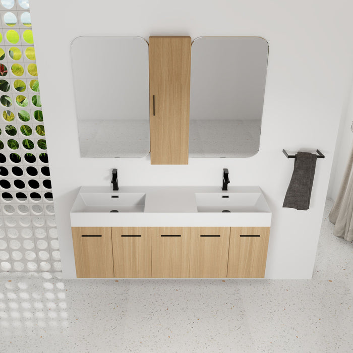 Floating Double Sink Bathroom Vanity Set With Tall Linen Cabinet, Extra Large Storage, Integrated Sink, Soft Close Doors - Glossy White / Light Oak