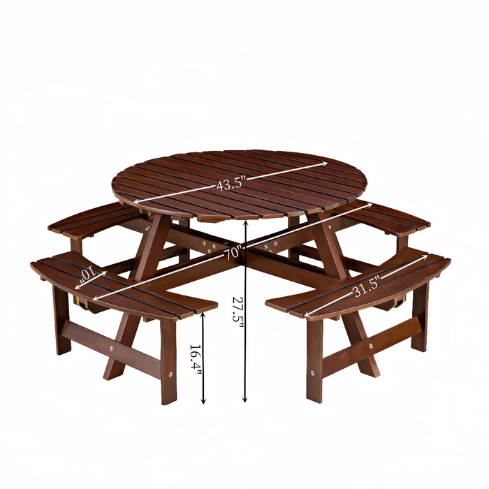 8 Person Round Picnic Table With 4 Built In Benches, Umbrella Hole For Garden - Brown