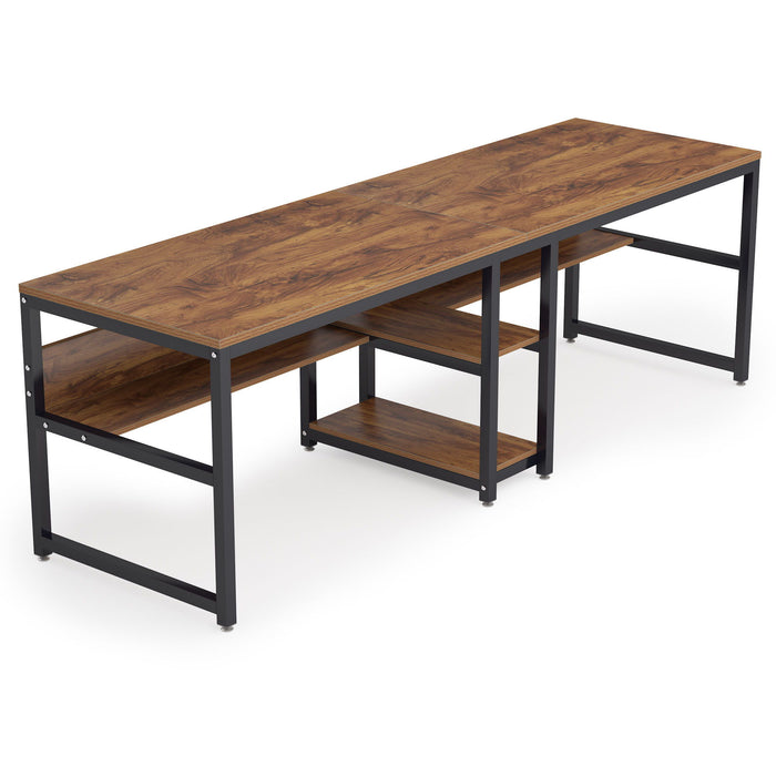 Double Desk For 2 With Bookshelves, 2 Person Workstation With Storage - Brown / Black