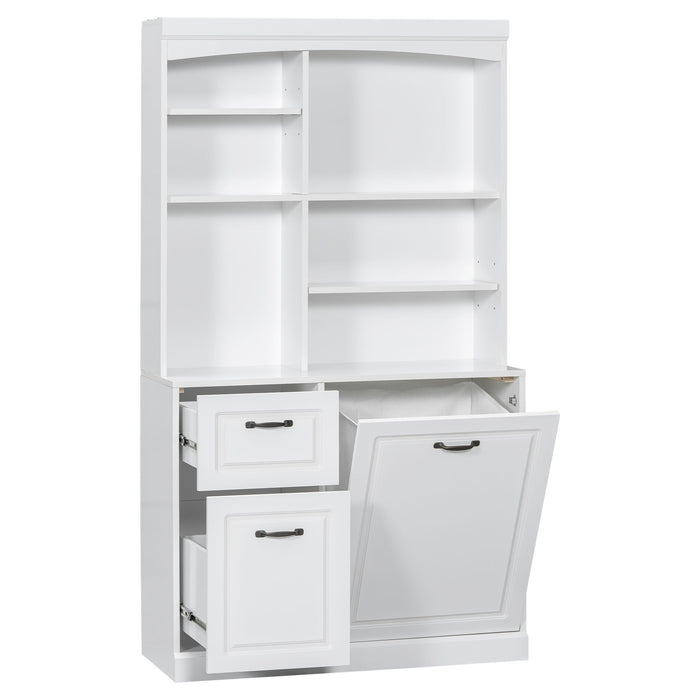 Bathroom Storage Cabinet With Tilt Out Hamper, Tall Free Standing Organizer With Drawers & Adjustable Shelves, Linen Tower With Steel Handles - White
