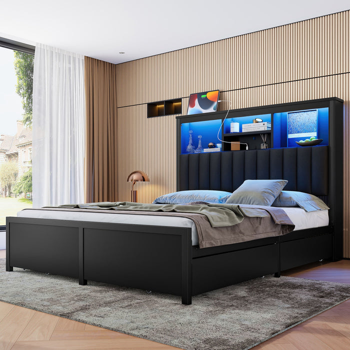 Bed Frame With High Storage Headboard, LED Light And Charging Station, 4 Storage Drawers