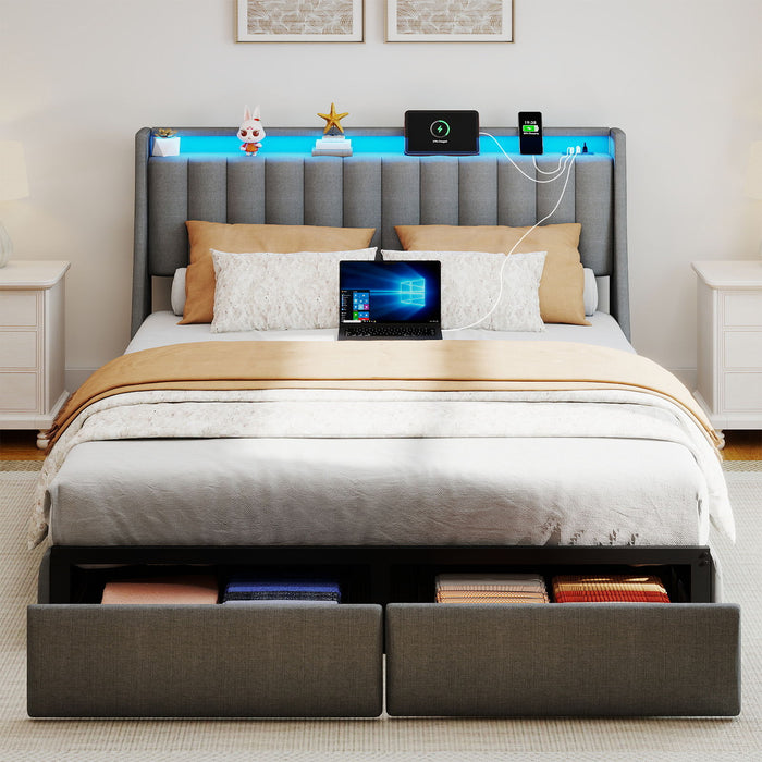 Upholstered Platform Bed Frame With RGB LED Lights, Charging Station & 2 Underbed Drawers