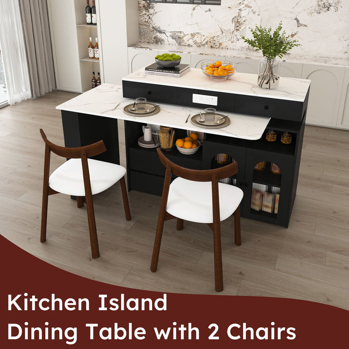 Retro Kitchen Island Set With Chairs, Extendable & Rotating Table, 4 Drawers & Door Cabinets