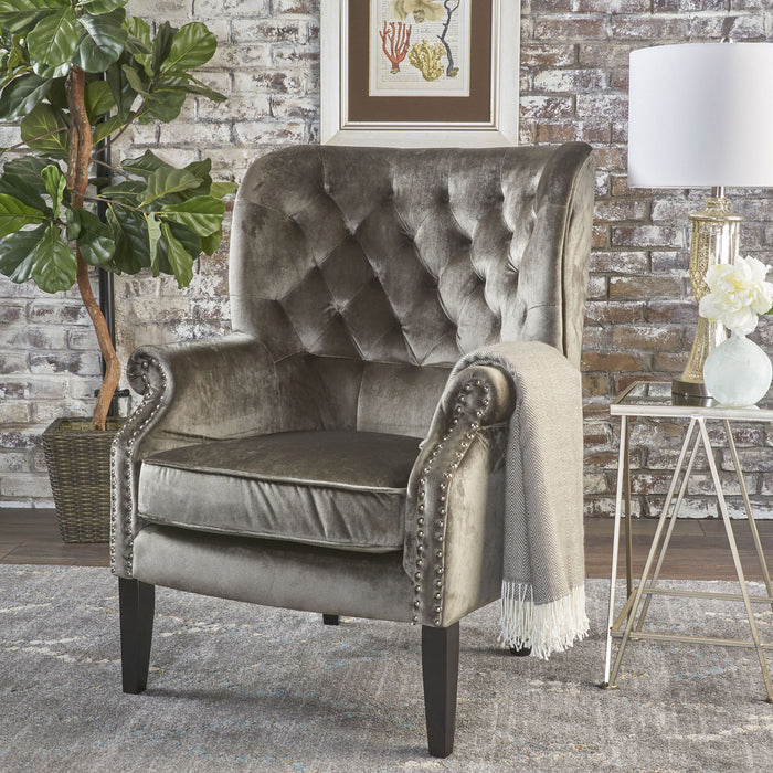 Elegant Velvet Club Chair With Handcrafted Details - Gray