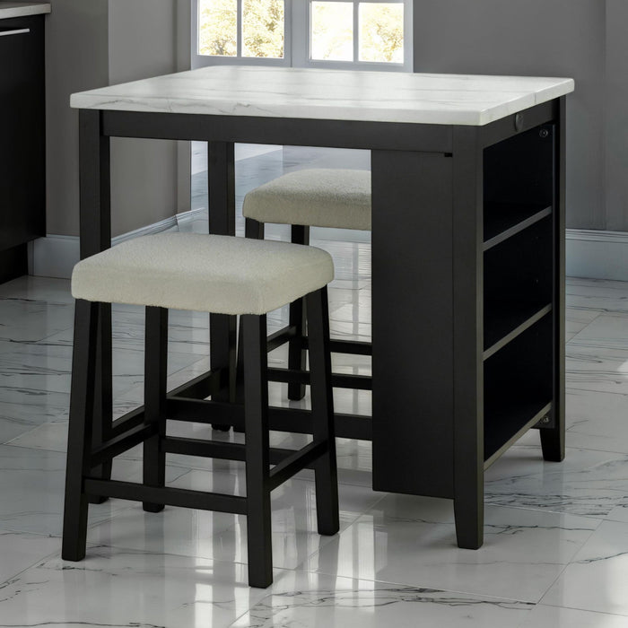Dining Table Set With Storage Shelves, 3 Piece With 2 Stools - Black / Ivory / White