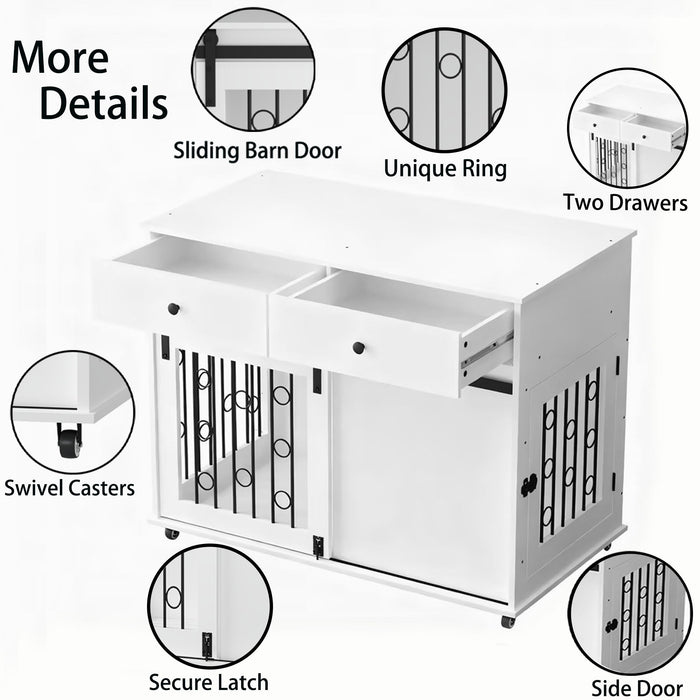 Dog Crate Furniture With Double Drawers And Sliding Barn Door, Pet Kennel For Small To Medium Dogs - White