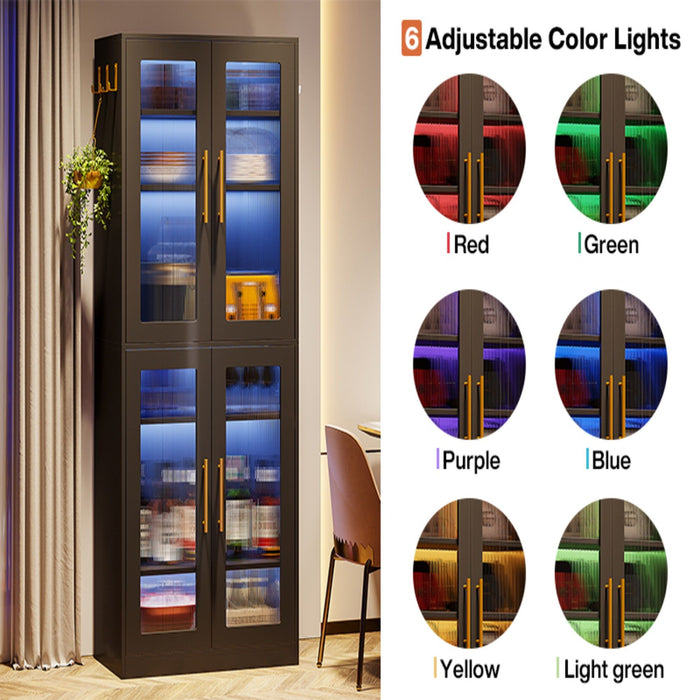 Bookcase With Doors And LED Lighting, 8 Adjustable Shelves Storage Cabinet
