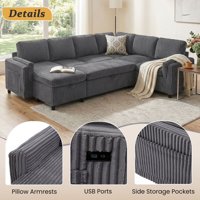 Convertible U-Shaped Sectional Sofa Bed With USB Ports And Storage