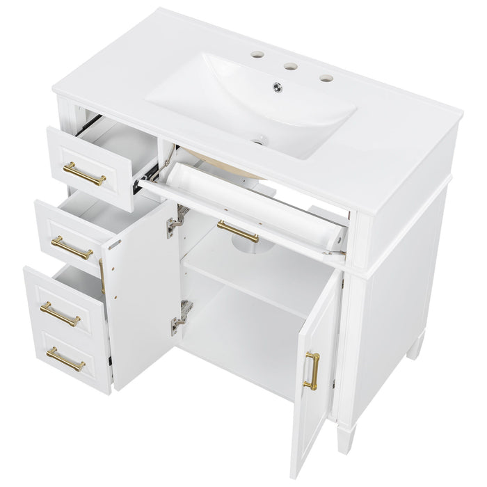 Bathroom Vanity With Sink, 4 Drawers (1 Flip Drawer), 2 Doors & Adjustable Shelf - White