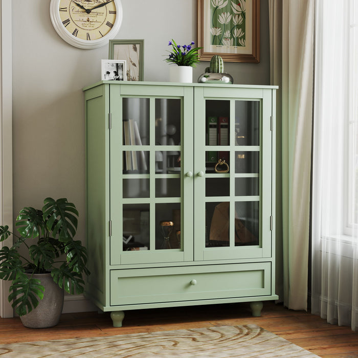 Minimalist Buffet Cabinet With Double Glass Doors And Drawer