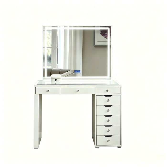 Makeup Vanity Desk With LED Lighted Mirror, 9 Drawers For Bedroom - Gloss White