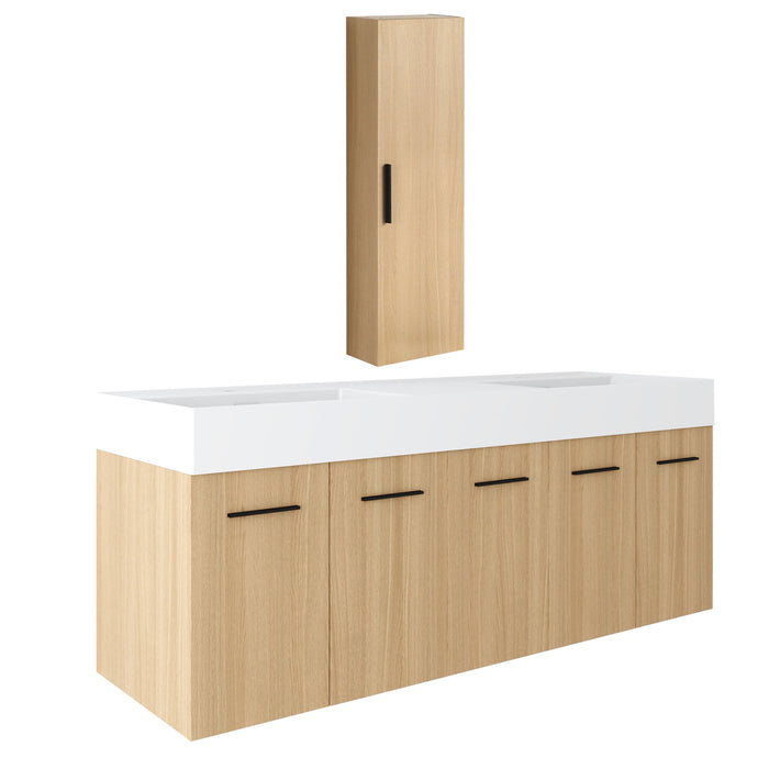 Floating Double Sink Bathroom Vanity Set With Tall Linen Cabinet, Extra Large Storage, Integrated Sink, Soft Close Doors - Glossy White / Light Oak