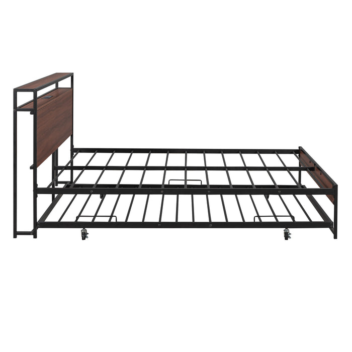 Platform Bed Frame With Trundle, USB Ports And Slat Support, No Box Spring Needed