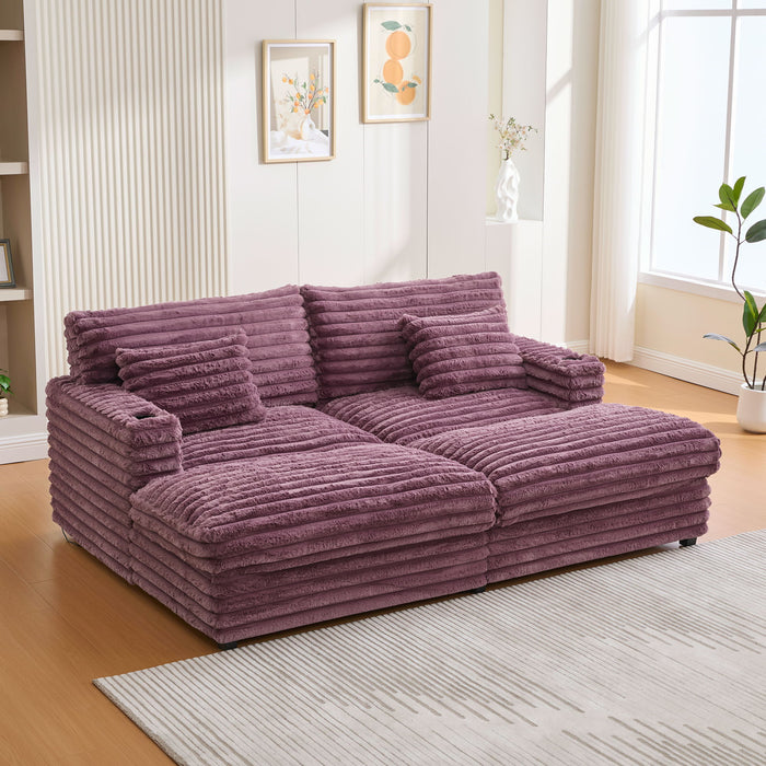 Plush Oversized Double Chaise Lounge Sofa Bed With USB Ports And Cup Holders