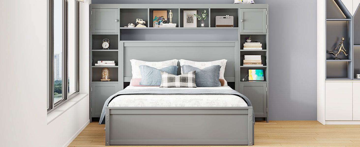 Bed With All In One Cabinet, Shelf And Sockets, Twin Long Trundle