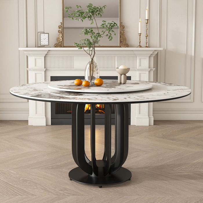 Round Dining Table With Carbon Steel Base And Lazy Susan Industrial Style - Black / White