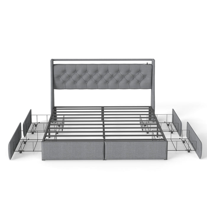 Platform Bed Frame With RGB LED Lights, Charging Station, Storage Headboard & 4 Underbed Drawers