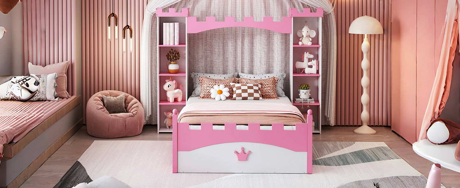 Castle Shaped Bed With Storage Shelf, Dreamy Platform Bed For Kids Bedroom