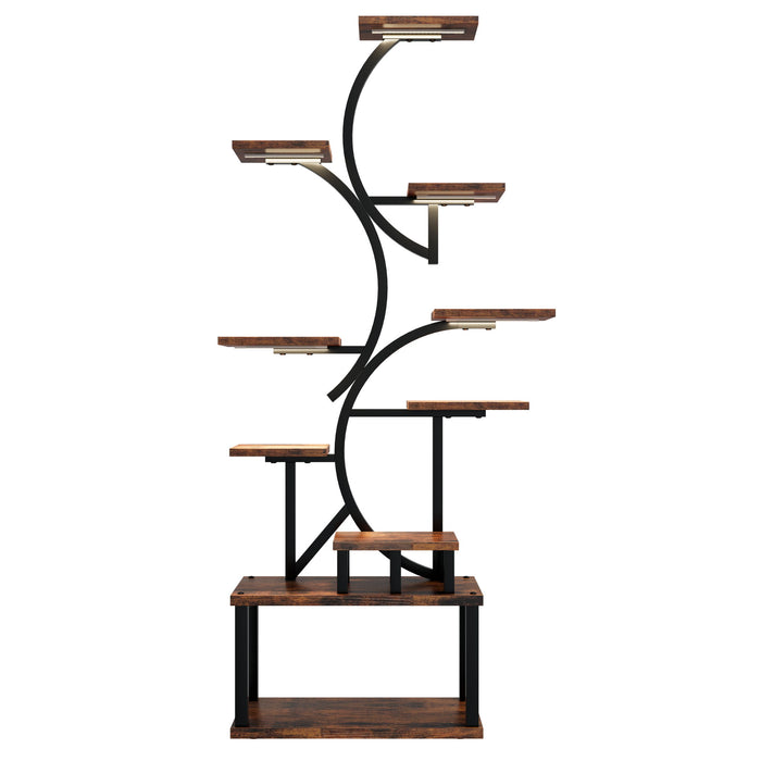S - Shaped, 10 Tier Plant Stand With 5 Grow Lights - Deep Rustic Brown