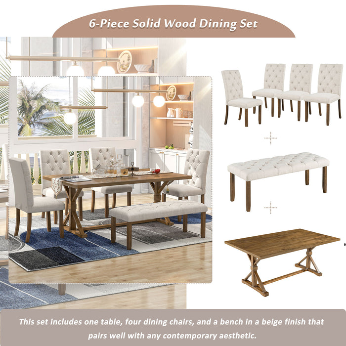 6 Piece Dining Table Set With Rectangular Wood Table, 4 Upholstered Chairs, Bench