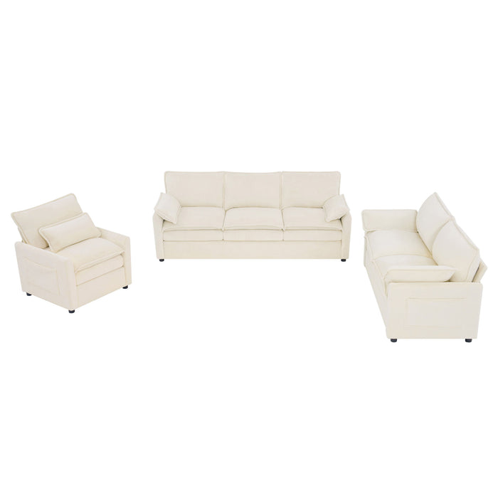 Modern Sofa Set With Double Layer Cushion And Side Storage Pockets