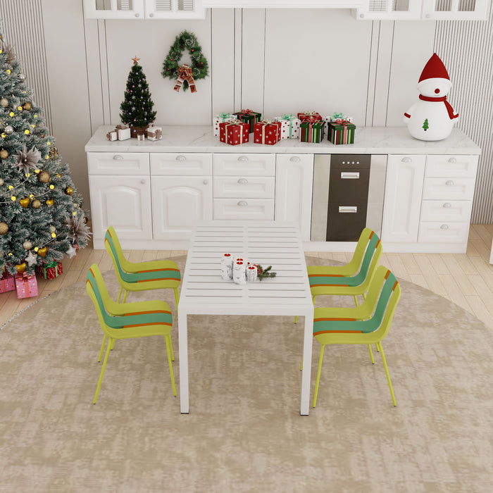 4 Piece Set Of Modern Striped Color- Blocking Single Chairs With Long Table