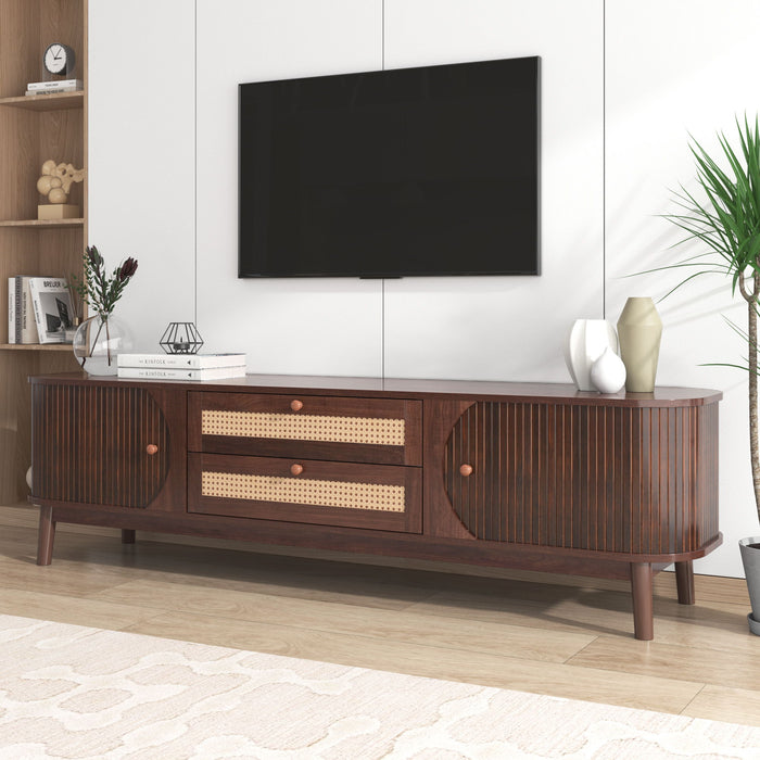 TV Stand For TVs Up To 75'', Cabinet With Drawers And Sliding Doors, Living Room Entertainment Console - Natural Wood / Brown
