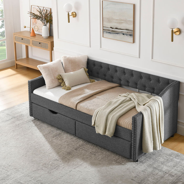 Upholstered Tufted Daybed With 2 Drawers, Waved Arms