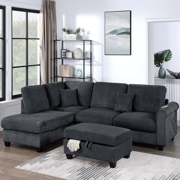 Contemporary Sectional Set With Right Arm Chaise, Left Arm Sofa With USB Port, Storage Ottoman