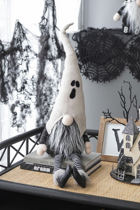 Sitting Gnome With Ghost Hat, For Halloween Decor - Black White