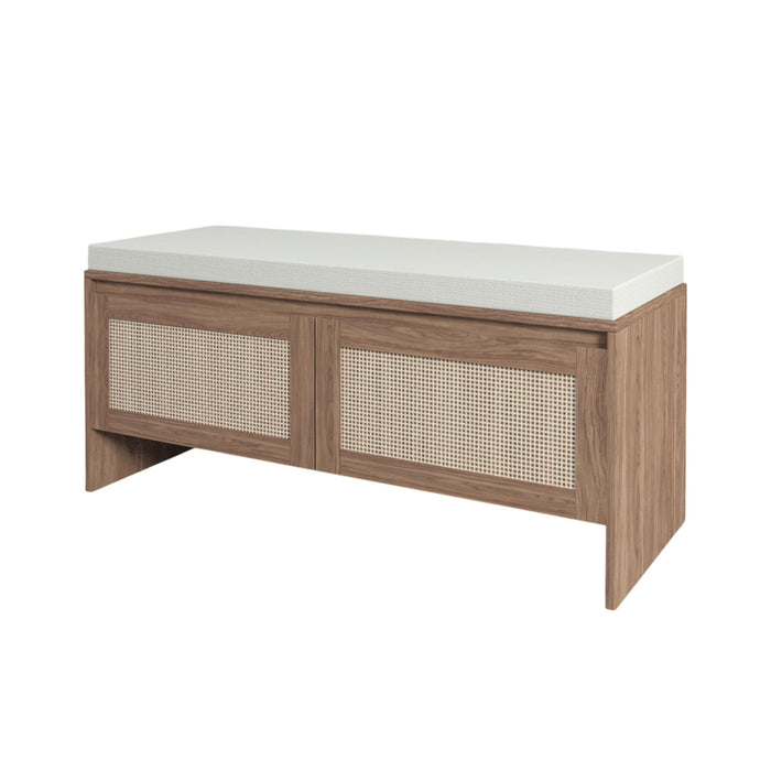 Storage Bench With Cushion, Shoe Cabinet With 2 Doors - Antique Natural / Rattan
