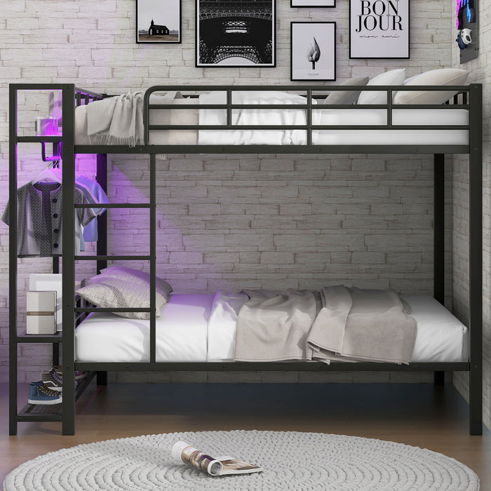 Bunk Bed With Storage Mesh Shelves, Clothes Hooks, LED Light