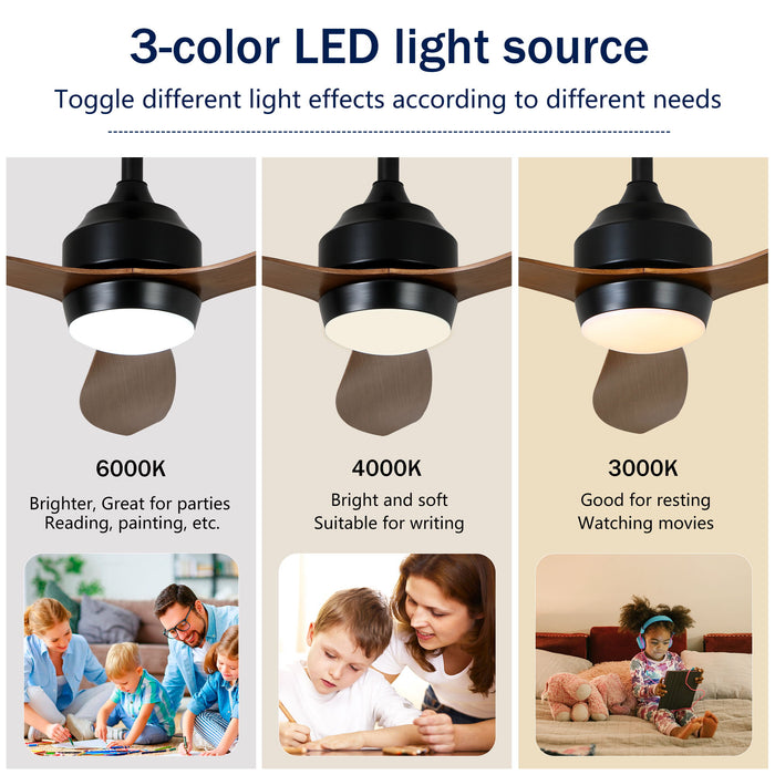 Ceiling Fan With Lights Quiet DC Motor 3 Blade Ceiling Fans 6 Speed Levels, Reversible Ceiling Fan - Matte Black / Wood
