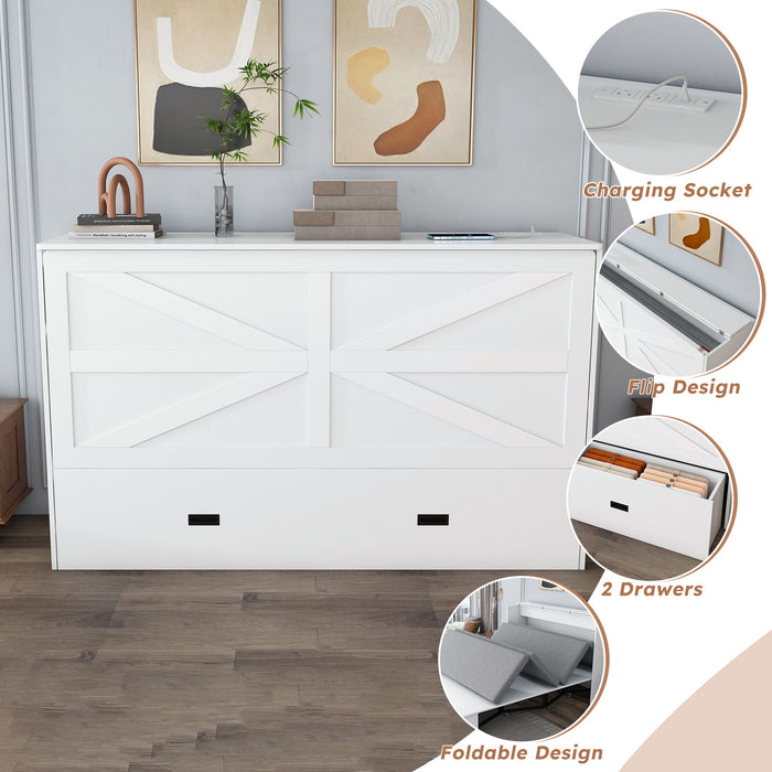 Murphy Bed With Storage Drawers And Charging Cabinet, Foldable Panels, Swivel Wheels