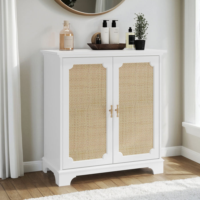 Rattan Decorated Sideboard Buffet Storage Liquor Cabinet - White