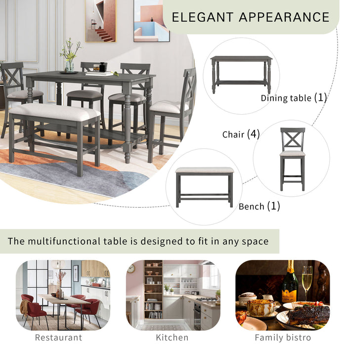 Counter Height Dining Set With Shelf, 4 Chairs And Bench