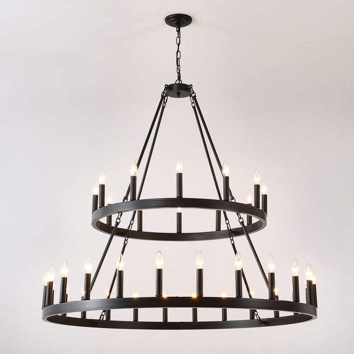 2 Tiers Wagon Wheel Chandelier Wooden Farmhouse 36 Light (24 / 12) Or (12 / 24) Metal Chandeliers 2 Story Light Fixtures Industrial For High Ceiling Living Dining Room Foyer, Adjustable Height - Black