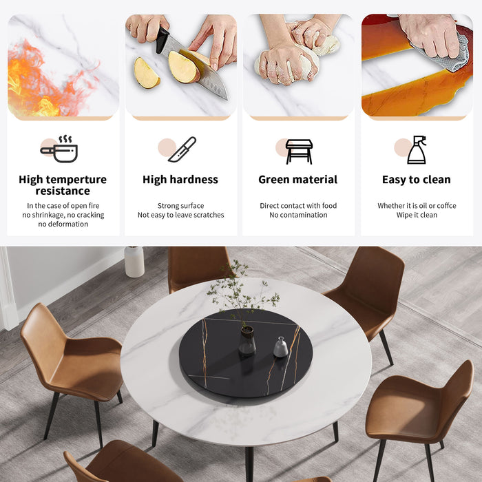 59.05" Modern Artificial Stone Round Metal Dining Table, Can Accommodate 6 People, Artificial Stone Turntable - Black / White