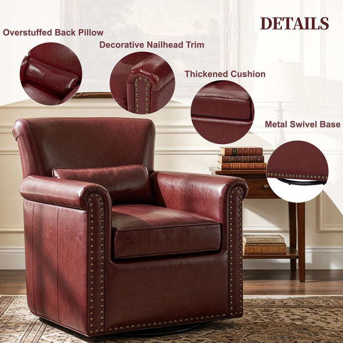Swivel Accent Chair With Rolled Arm, Sewn Pillow Back, Nailhead Trim For Living Room