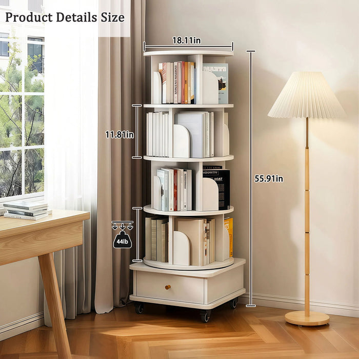 Rotating Bookshelf With Wheels And Drawer, 360° Spinning Design, Space Saving Storage