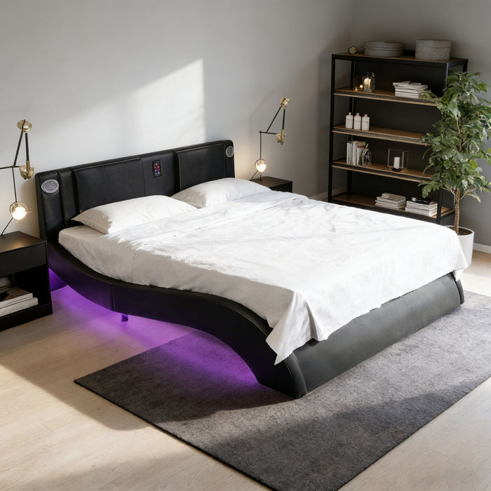 Platform Bed Frame With LED Lighting, Bluetooth Music, Vibration Massage