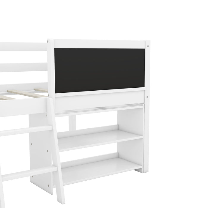 Low Loft Bed With Movable Shelves And Ladder, Decorative Chalkboard Guardrail